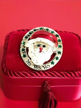 Vintage AAI Santa Claus Enamel Brooch Gold Tone  Ho Ho Ho Christmas Pin